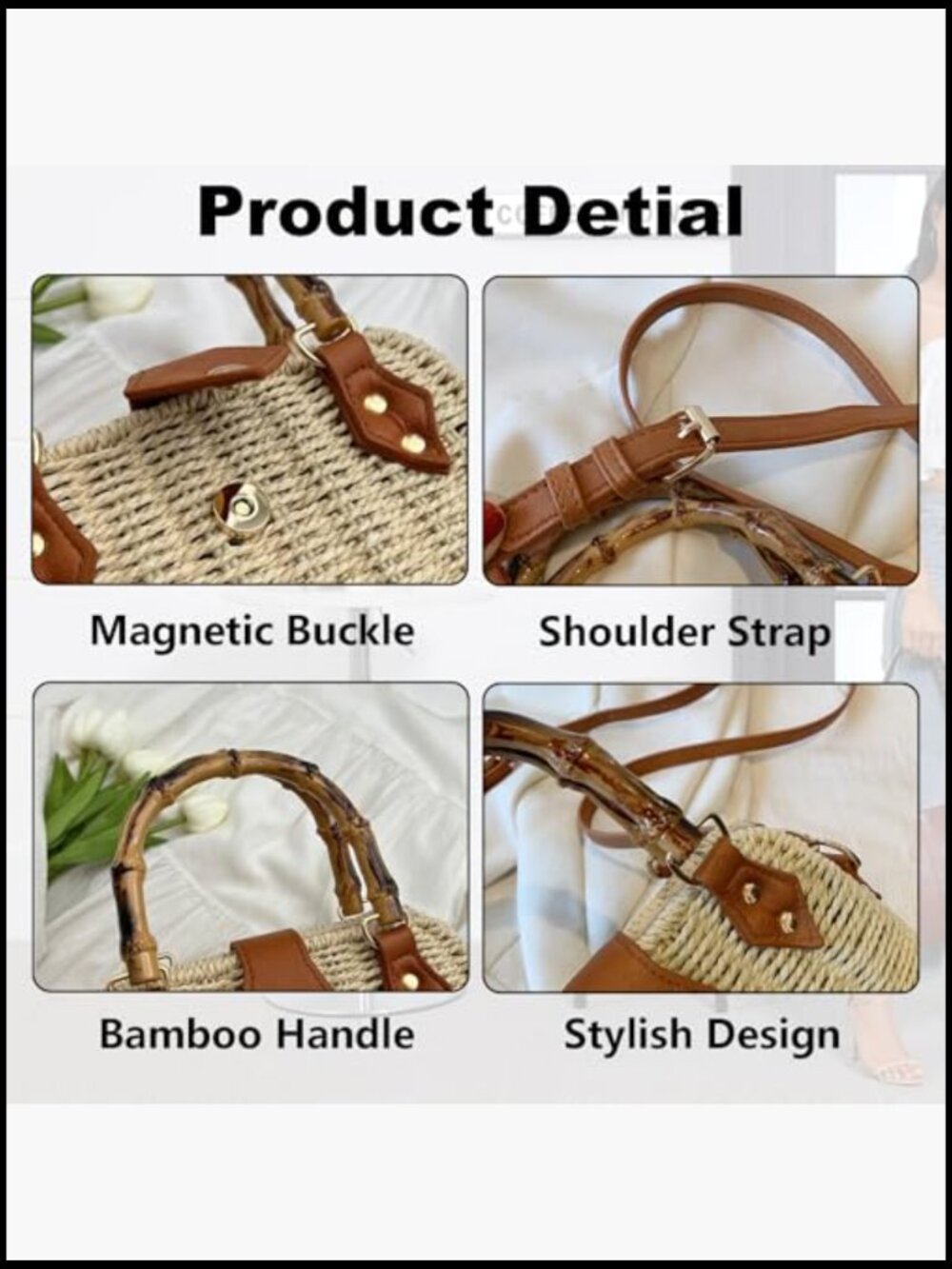 Straw Tote Bag Woven Crossbody Shoulder Handbag Beach Summer Vacation Vintage - Picture 5 of 7